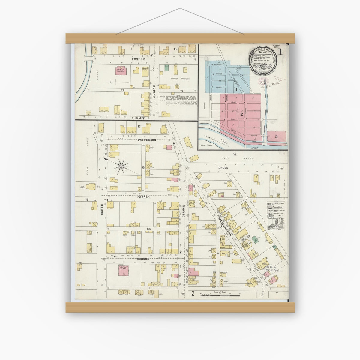 Old map wall art mockup — magnetic wood frame on white wall — Sanborn Fire Insurance Map from Mifflintown, Juniata County, Pennsylvania (1896), Sheet #0001
