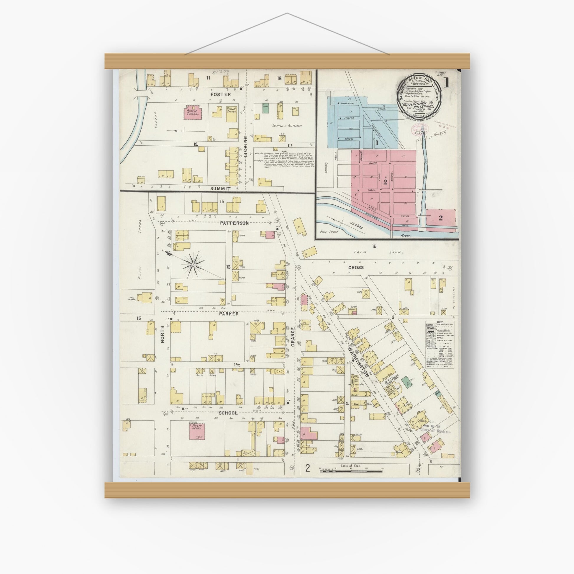 Old map wall art mockup — magnetic wood frame on white wall — Sanborn Fire Insurance Map from Mifflintown, Juniata County, Pennsylvania (1896), Sheet #0001