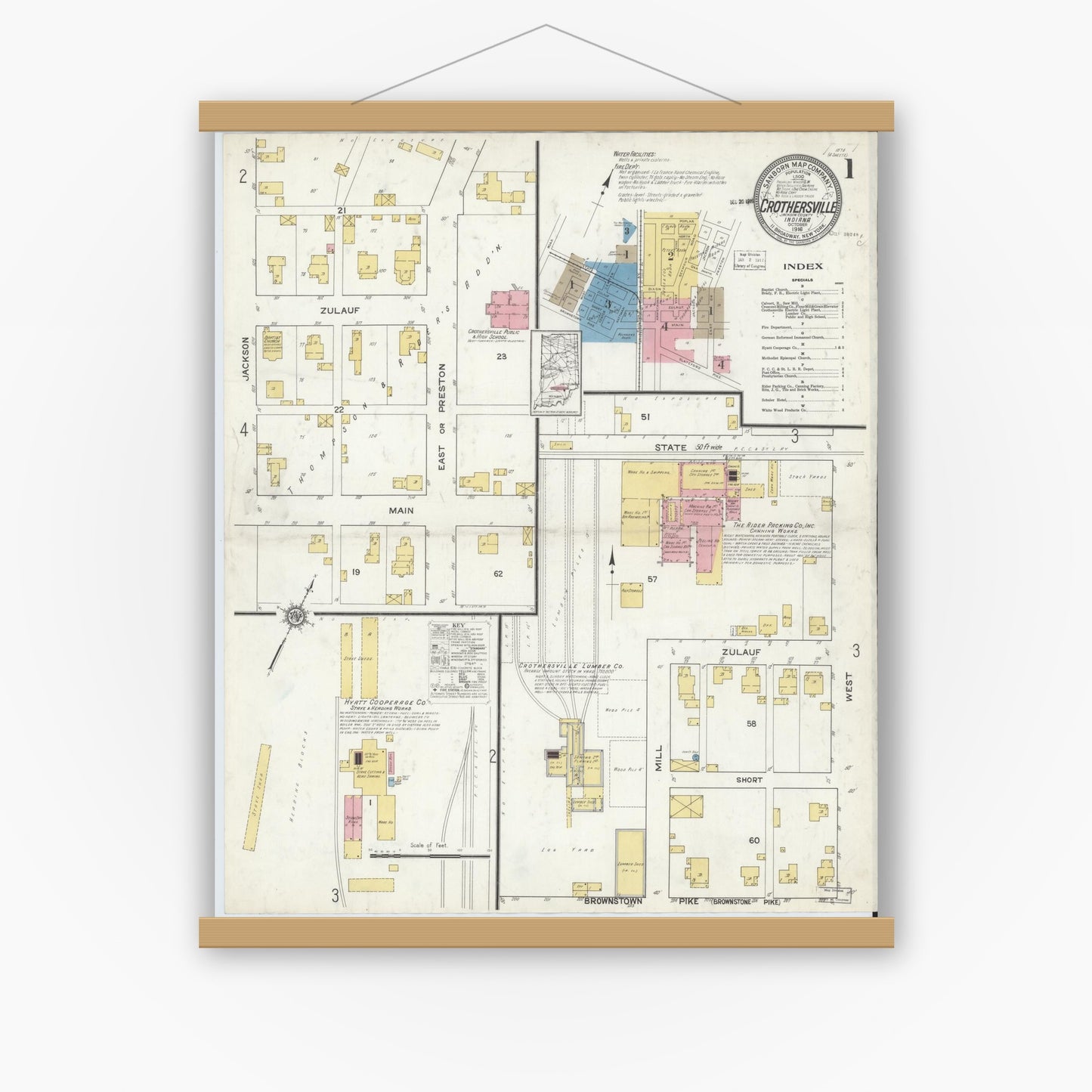 Old map wall art mockup — magnetic wood frame on white wall — Sanborn Fire Insurance Map from Crothersville, Jackson County, Indiana (1916) - Complete Map Set