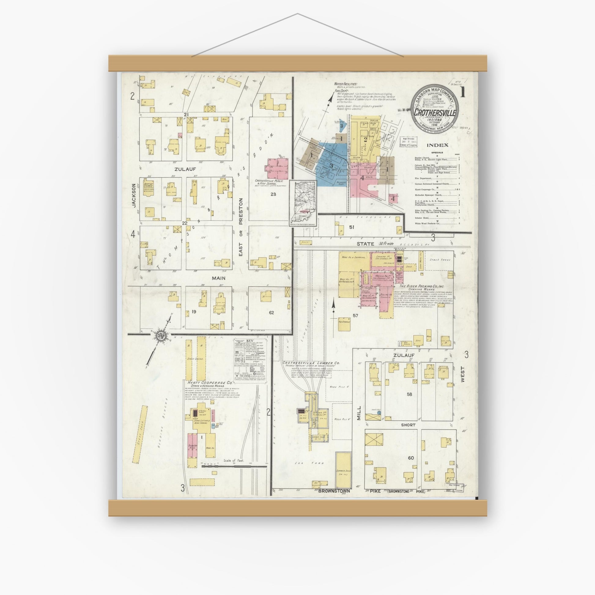 Old map wall art mockup — magnetic wood frame on white wall — Sanborn Fire Insurance Map from Crothersville, Jackson County, Indiana (1916) - Complete Map Set