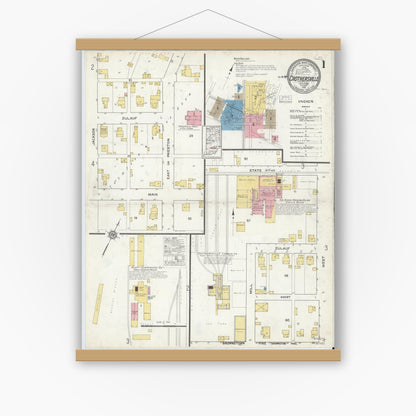 Old map wall art mockup — magnetic wood frame on white wall — Sanborn Fire Insurance Map from Crothersville, Jackson County, Indiana (1916) - Complete Map Set