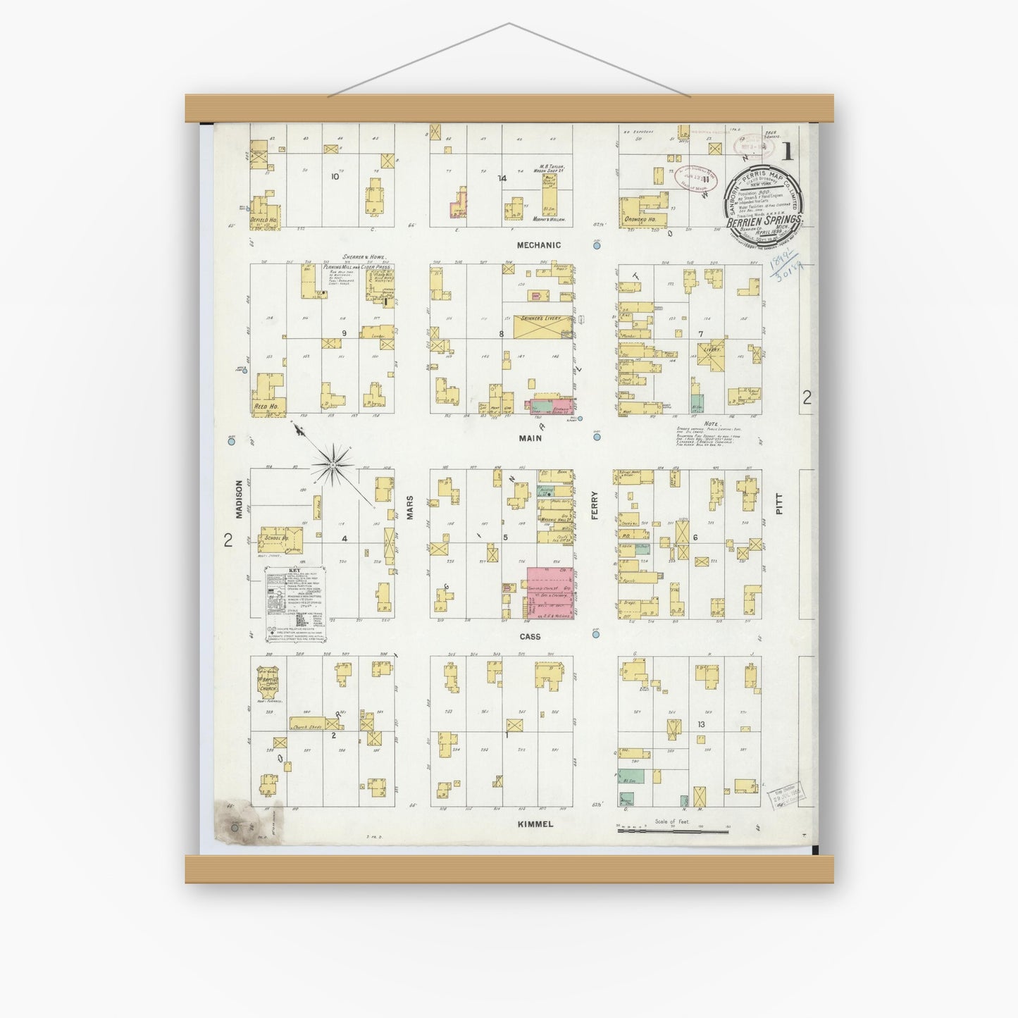 Old map wall art mockup — magnetic wood frame on white wall — Sanborn Fire Insurance Map from Berrien Springs, Berrien, Michigan (1899) - Complete Map Set