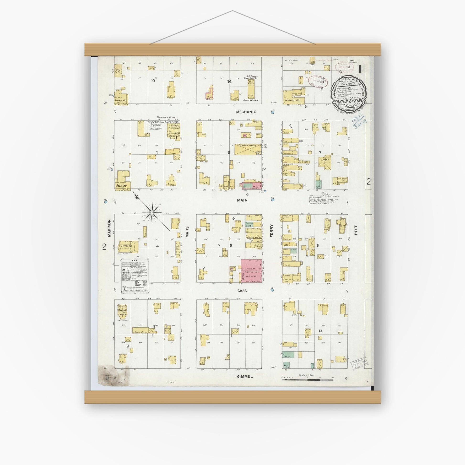 Old map wall art mockup — magnetic wood frame on white wall — Sanborn Fire Insurance Map from Berrien Springs, Berrien, Michigan (1899) - Complete Map Set
