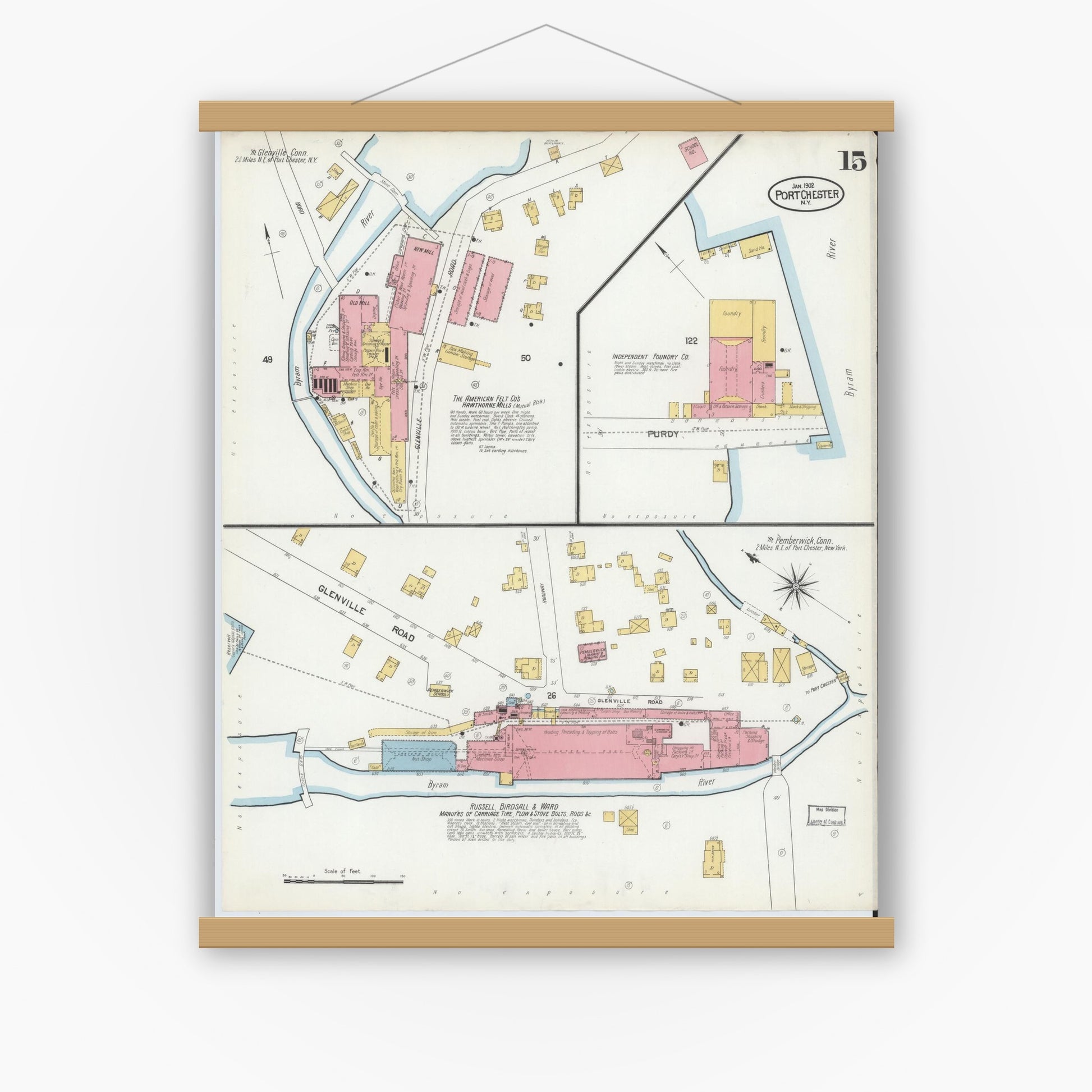 Old map wall art mockup — magnetic wood frame on white wall — Sanborn Fire Insurance Map from Port Chester, Westchester County, New York (1902), Sheet #0015