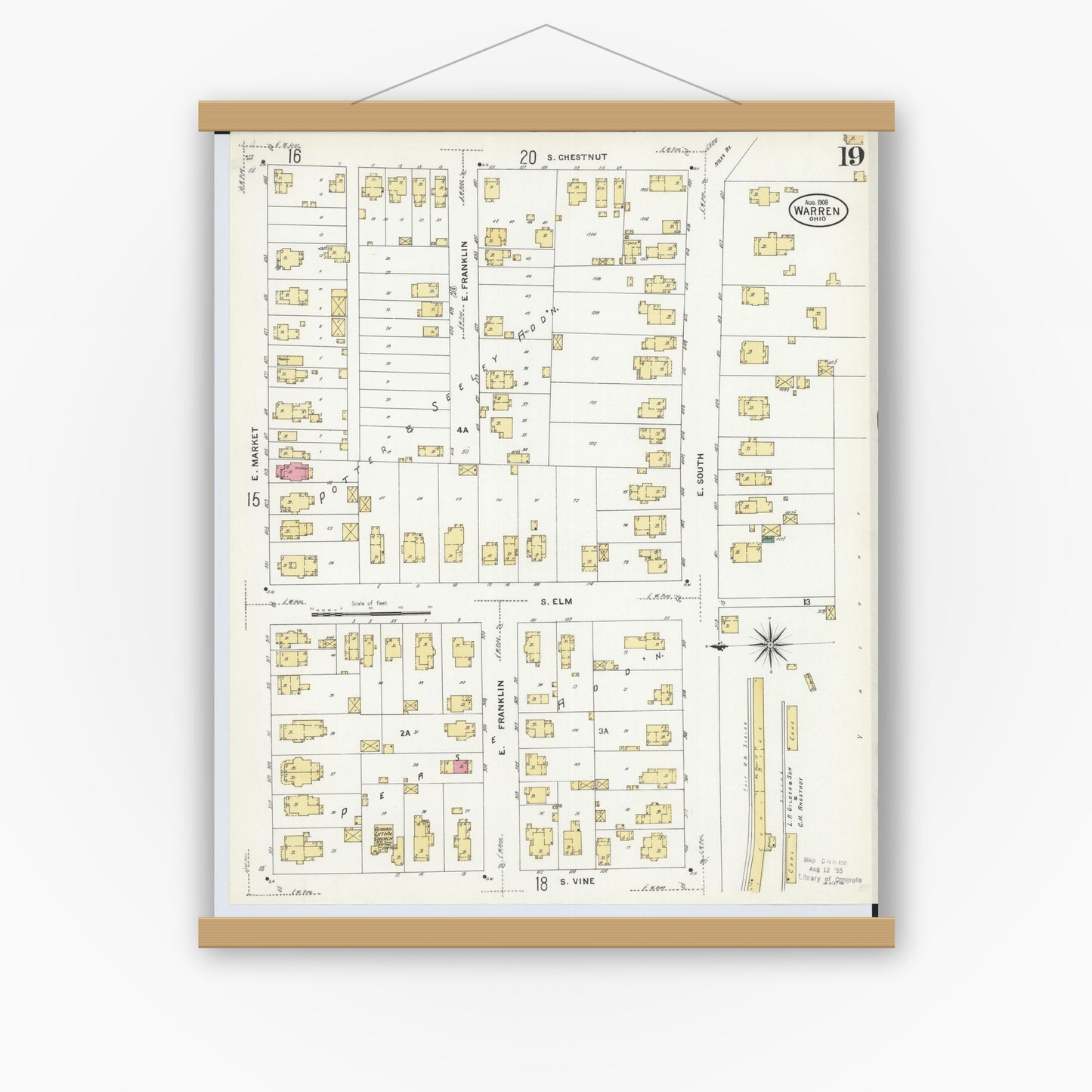 Old map wall art mockup — magnetic wood frame on white wall — Sanborn Fire Insurance Map from Warren, Trumbull County, Ohio (1908), Sheet #0019