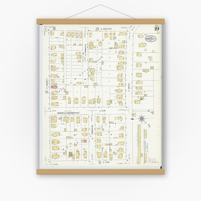 Old map wall art mockup — magnetic wood frame on white wall — Sanborn Fire Insurance Map from Warren, Trumbull County, Ohio (1908), Sheet #0019