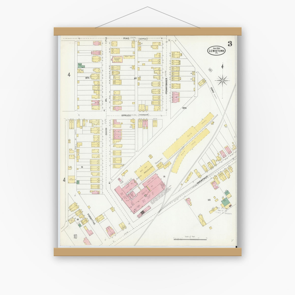 Old map wall art mockup — magnetic wood frame on white wall — Sanborn Fire Insurance Map from Lewistown, Mifflin County, Pennsylvania (1904), Sheet #0003