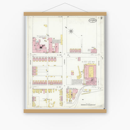 Old map wall art mockup — magnetic wood frame on white wall — Sanborn Fire Insurance Map from Columbia, Lancaster County, Pennsylvania (1909), Sheet #0002