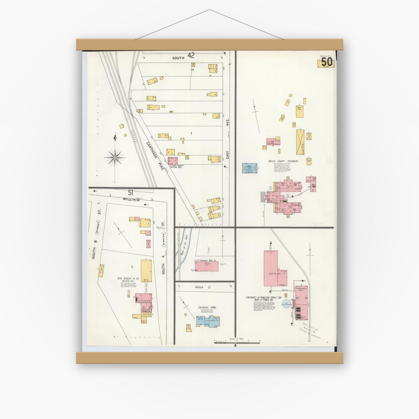 Old map wall art mockup — magnetic wood frame on white wall — Sanborn Fire Insurance Map from Hamilton, Butler County, Ohio (1899), Sheet #0050