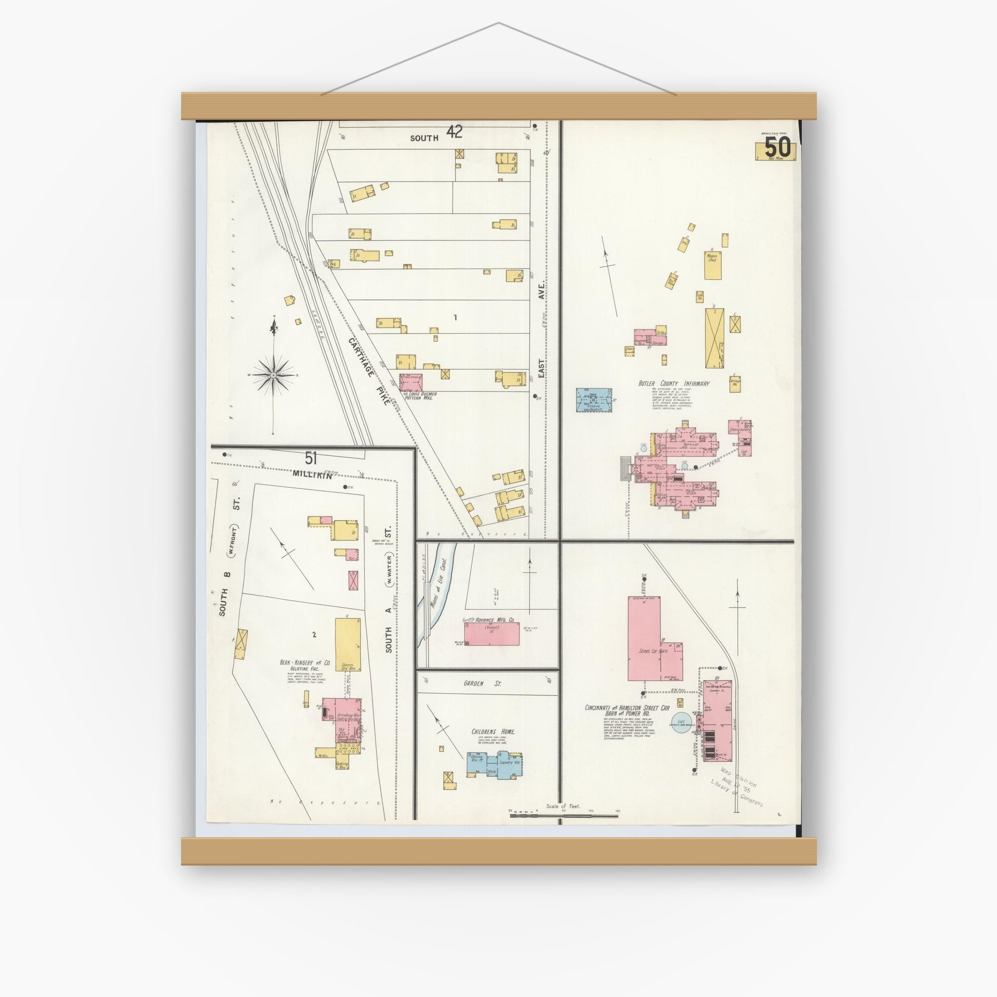 Old map wall art mockup — magnetic wood frame on white wall — Sanborn Fire Insurance Map from Hamilton, Butler County, Ohio (1899), Sheet #0050