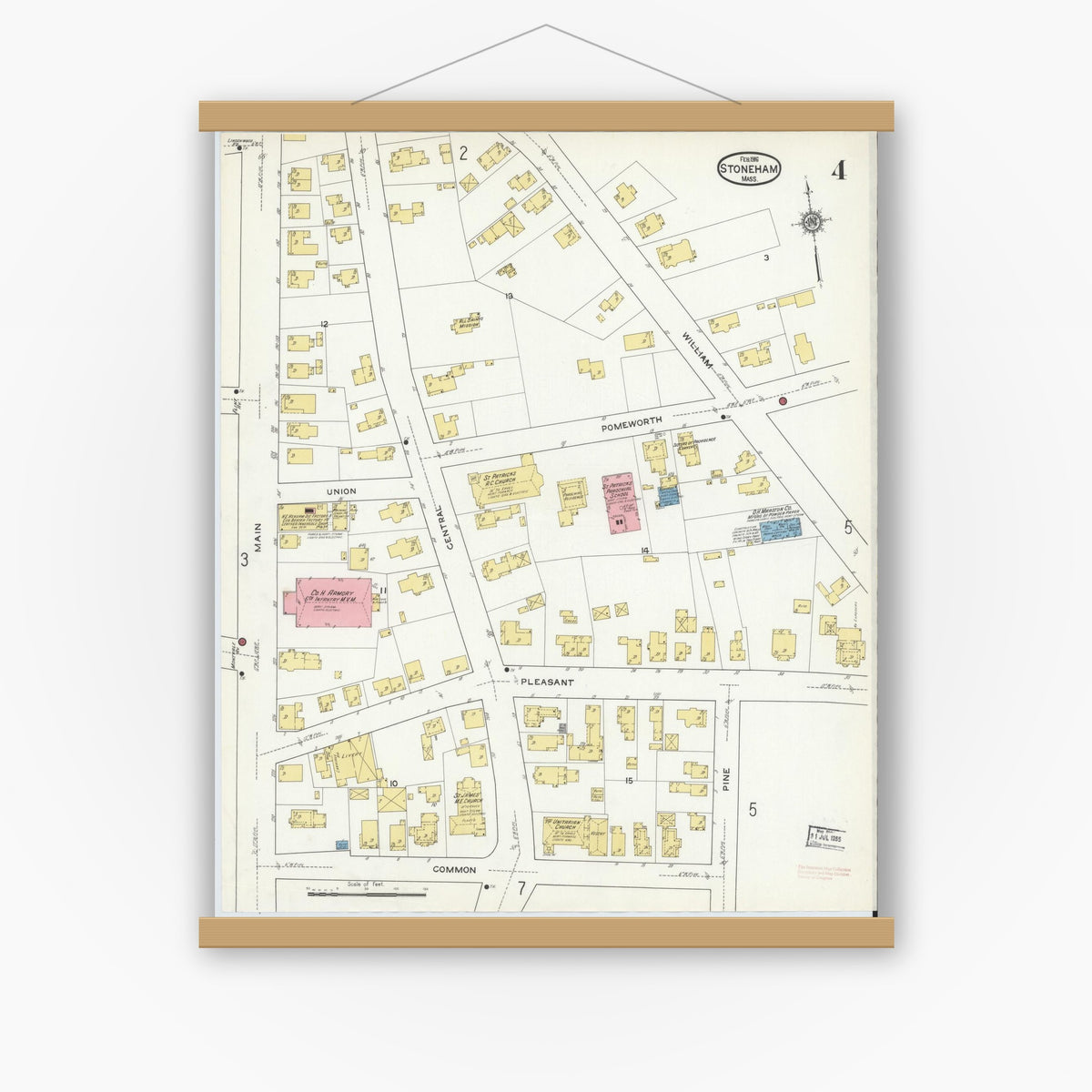 Old map wall art mockup — magnetic wood frame on white wall — Sanborn Fire Insurance Map from Stoneham, Middlesex County, Massachusetts (1916), Sheet #0004