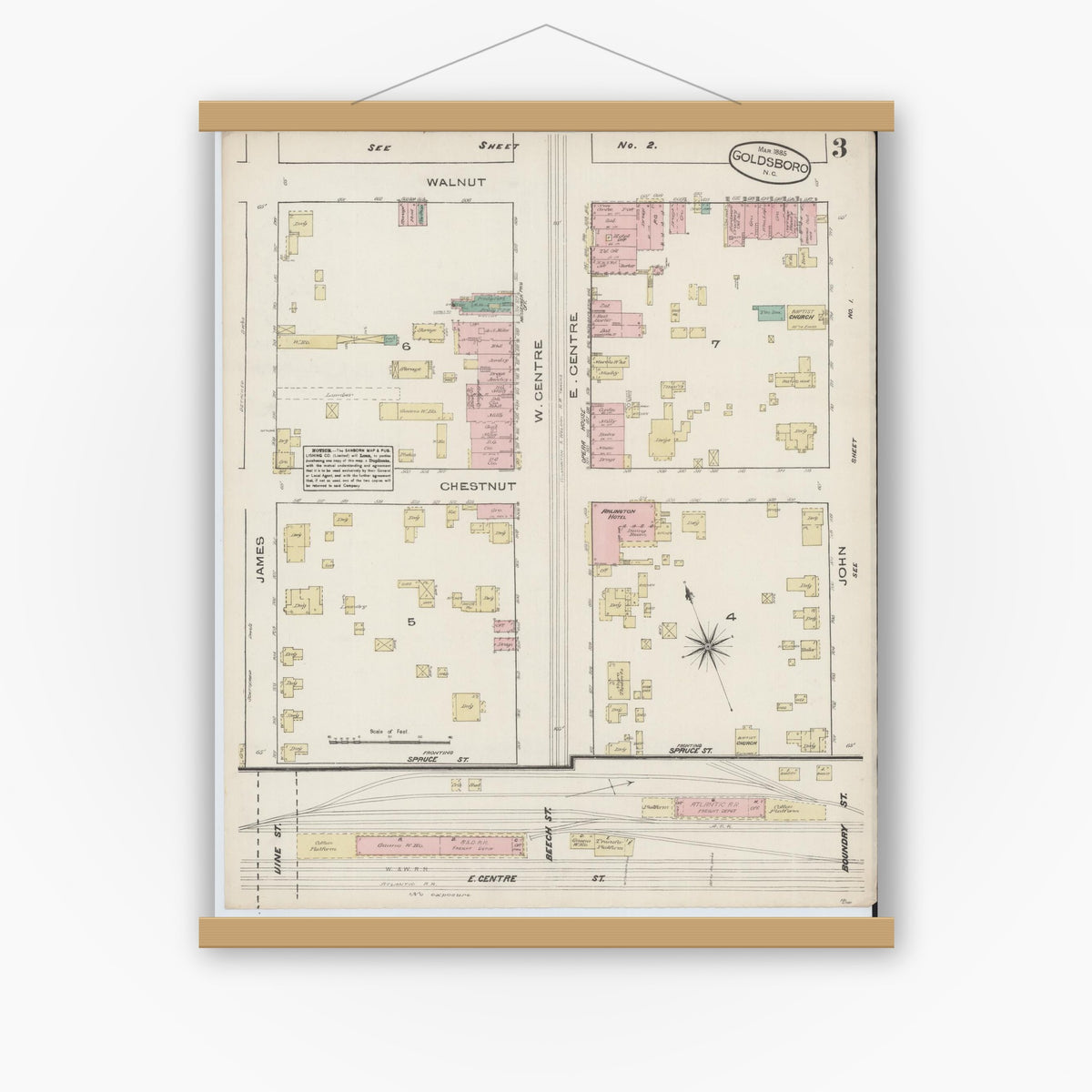Old map wall art mockup — magnetic wood frame on white wall — Sanborn Fire Insurance Map from Goldsboro, Wayne County, North Carolina (1885), Sheet #0003