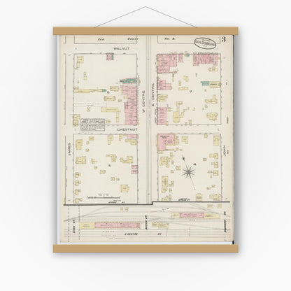 Old map wall art mockup — magnetic wood frame on white wall — Sanborn Fire Insurance Map from Goldsboro, Wayne County, North Carolina (1885), Sheet #0003