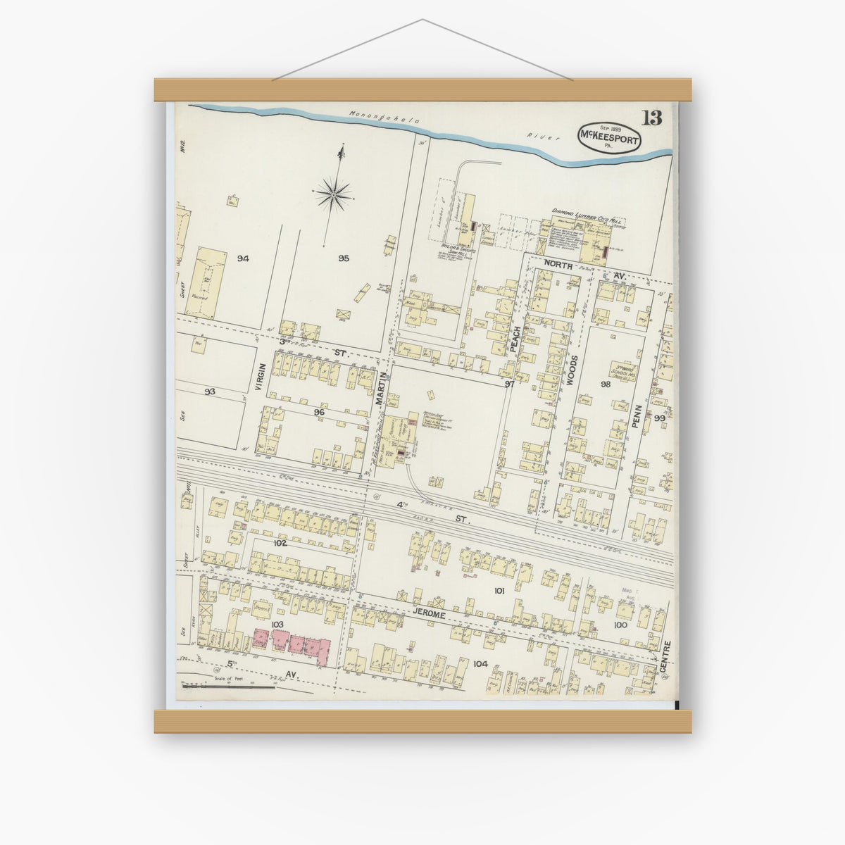 Old map wall art mockup — magnetic wood frame on white wall — Sanborn Fire Insurance Map from McKeesport, Allegheny County, Pennsylvania (1889), Sheet #0013
