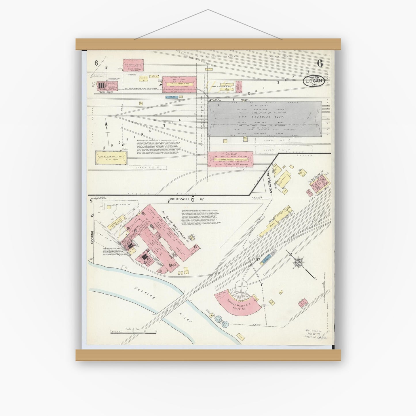 Old map wall art mockup — magnetic wood frame on white wall — Sanborn Fire Insurance Map from Logan, Hocking County, Ohio (1914), Sheet #0006