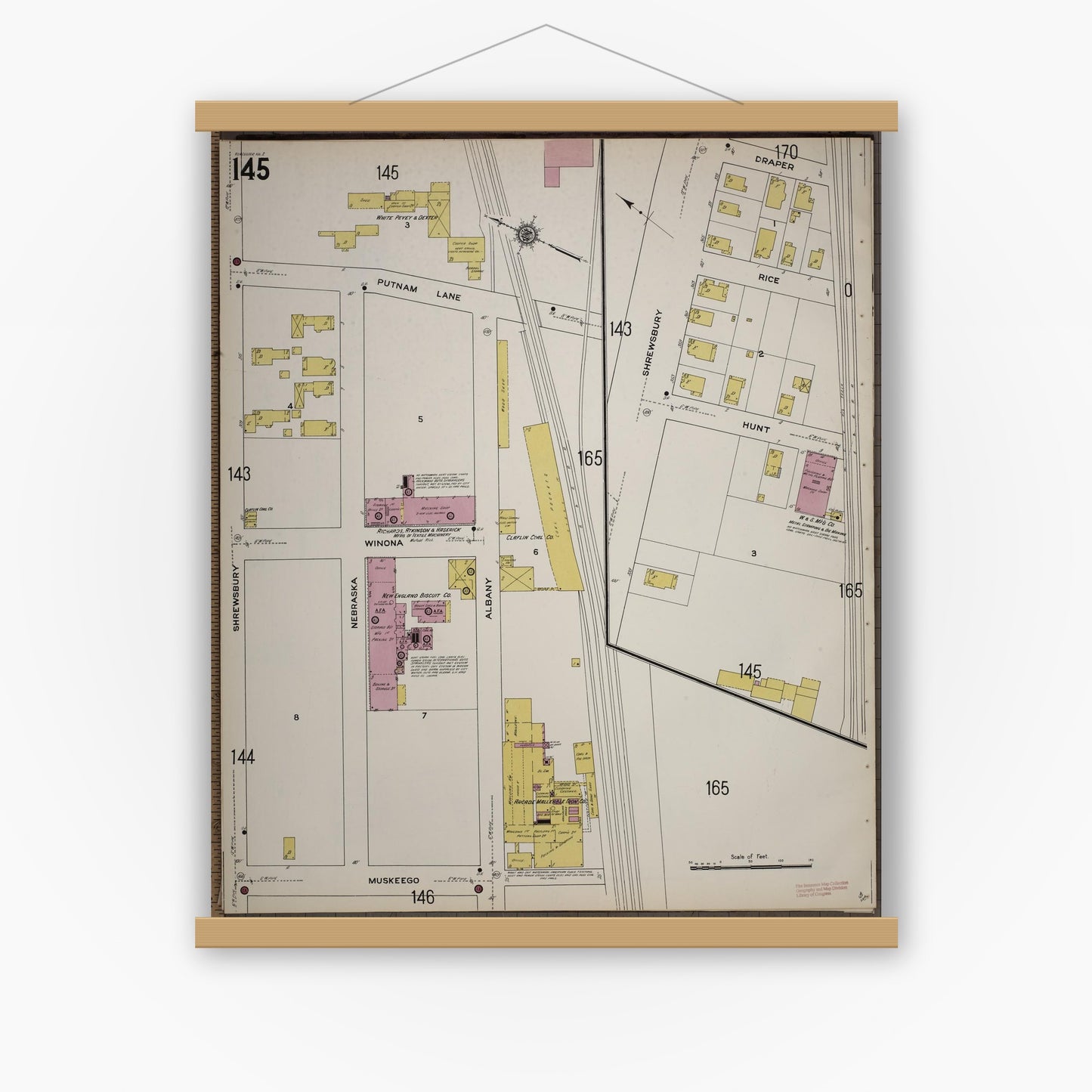 Old map wall art mockup — magnetic wood frame on white wall — Sanborn Fire Insurance Map from Worcester, Worcester County, Massachusetts (1910), Sheet #0145