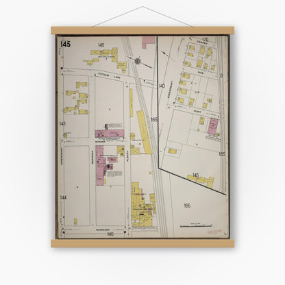 Old map wall art mockup — magnetic wood frame on white wall — Sanborn Fire Insurance Map from Worcester, Worcester County, Massachusetts (1910), Sheet #0145