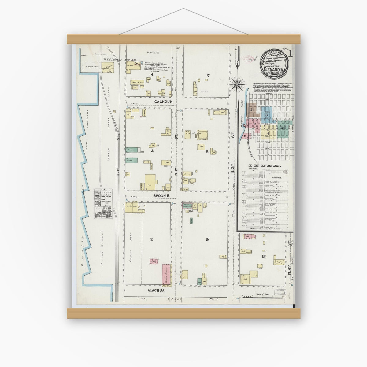 Old map wall art mockup — magnetic wood frame on white wall — Sanborn Fire Insurance Map from Fernandina, Nassau County, Florida (1891) - Complete Map Set