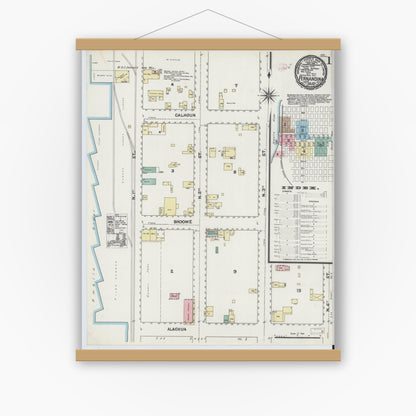 Old map wall art mockup — magnetic wood frame on white wall — Sanborn Fire Insurance Map from Fernandina, Nassau County, Florida (1891) - Complete Map Set