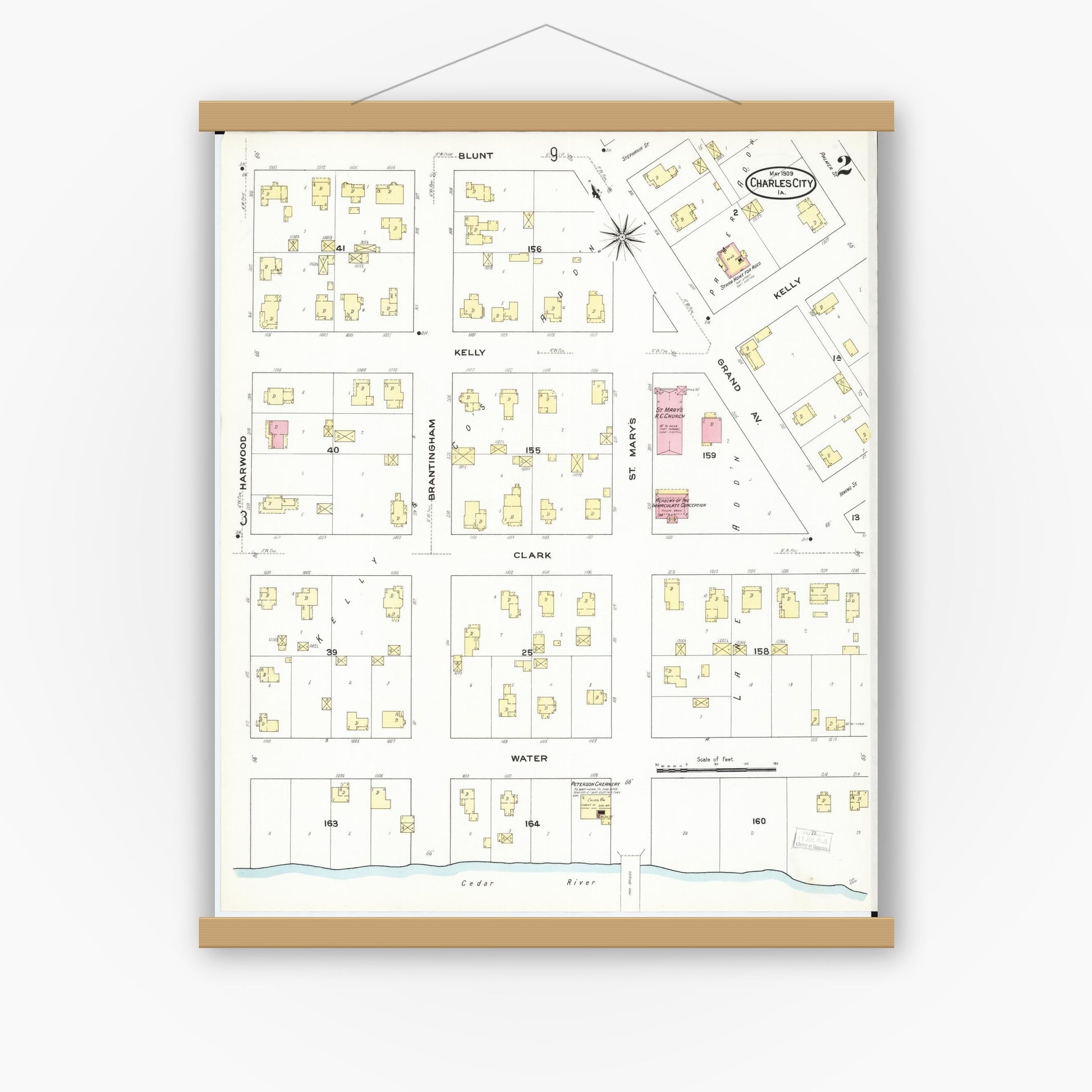 Old map wall art mockup — magnetic wood frame on white wall — Sanborn Fire Insurance Map from Charles City, Floyd County, Iowa (1909), Sheet #0002