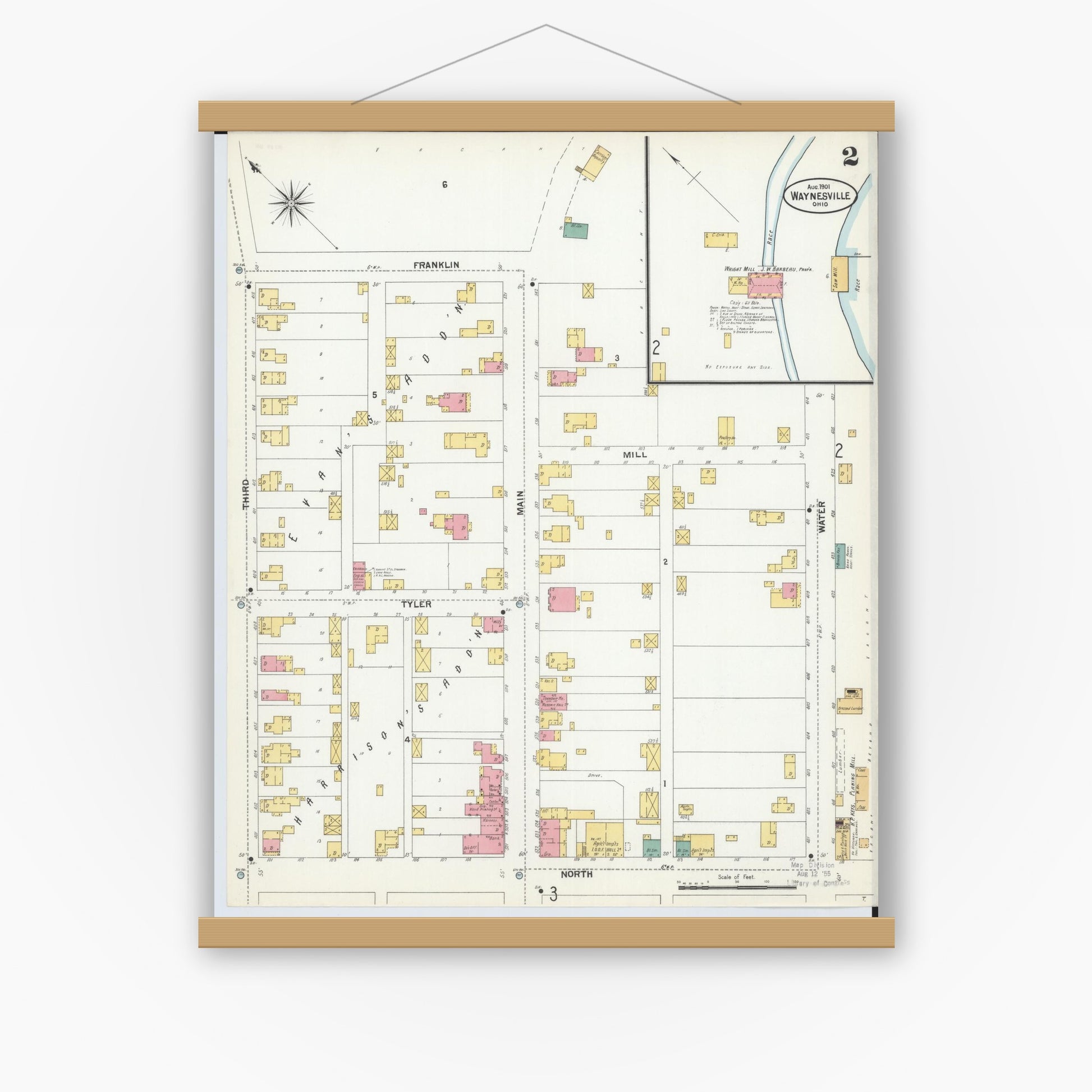 Old map wall art mockup — magnetic wood frame on white wall — Sanborn Fire Insurance Map from Waynesville, Warren County, Ohio (1901), Sheet #0002