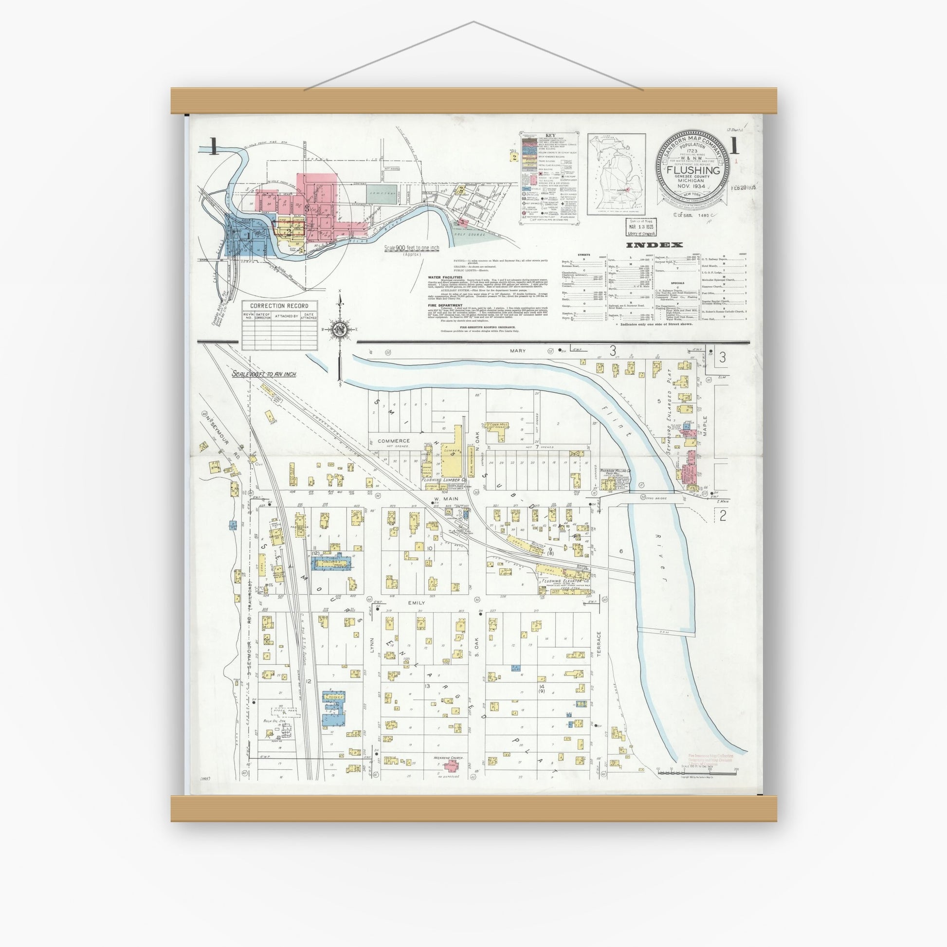 Old map wall art mockup — magnetic wood frame on white wall — Sanborn Fire Insurance Map from Flushing, Genesee County, Michigan (1934), Sheet #0001