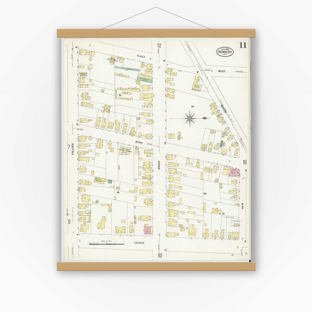 Old map wall art mockup — magnetic wood frame on white wall — Sanborn Fire Insurance Map from New Bern, Craven County, North Carolina (1908), Sheet #0011