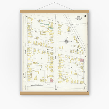 Old map wall art mockup — magnetic wood frame on white wall — Sanborn Fire Insurance Map from New Bern, Craven County, North Carolina (1908), Sheet #0011