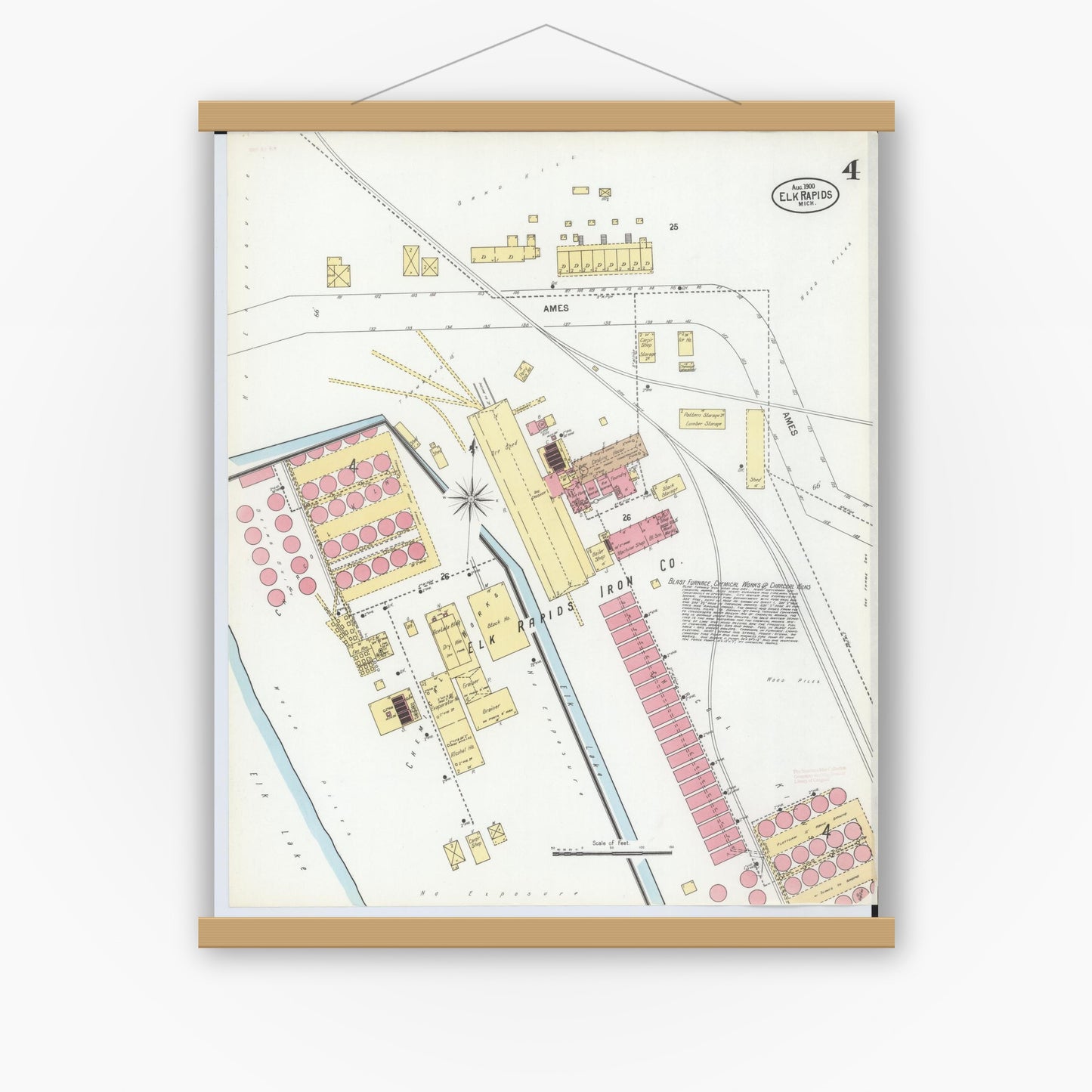 Old map wall art mockup — magnetic wood frame on white wall — Sanborn Fire Insurance Map from Elk Rapids, Antrim County, Michigan (1900), Sheet #0004