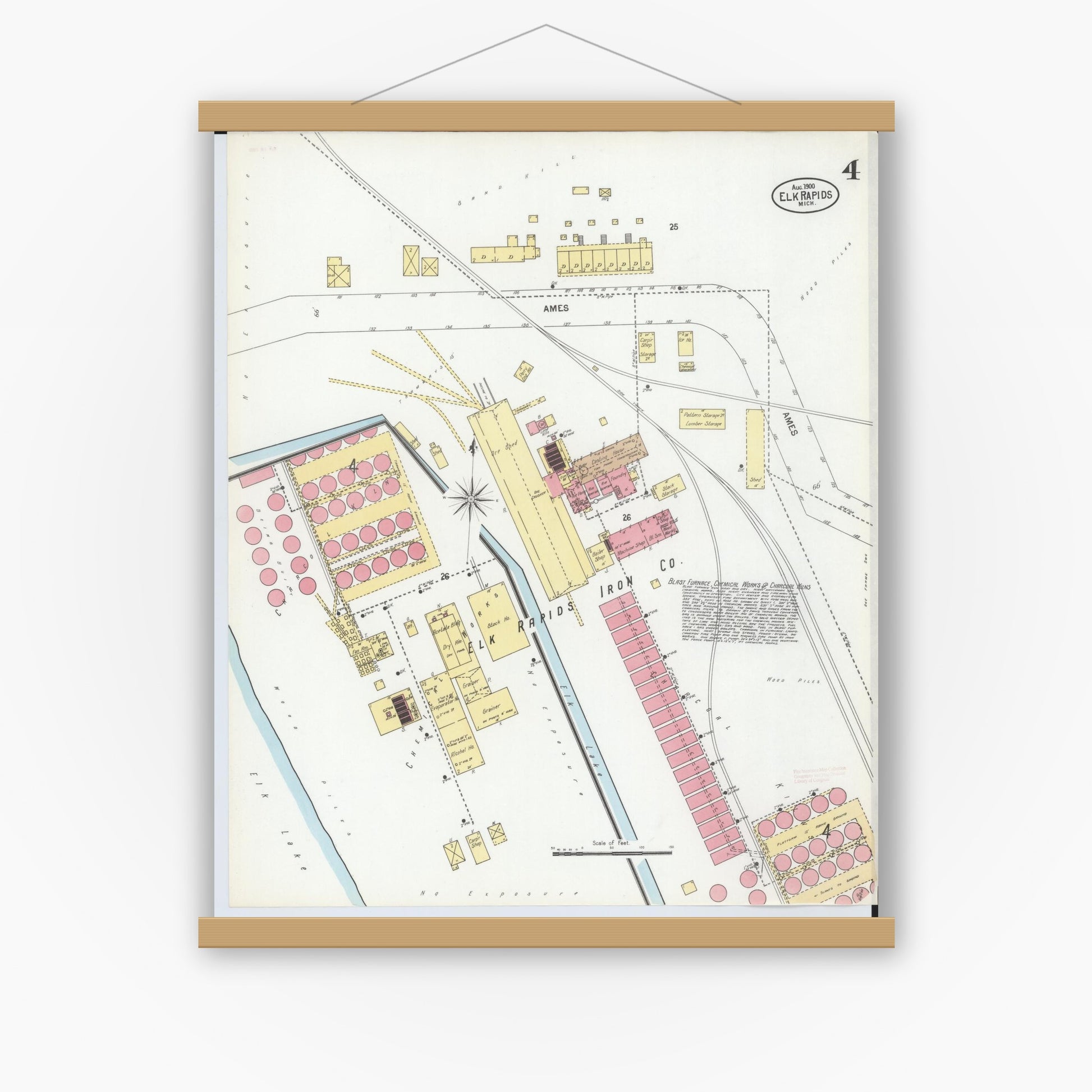 Old map wall art mockup — magnetic wood frame on white wall — Sanborn Fire Insurance Map from Elk Rapids, Antrim County, Michigan (1900), Sheet #0004