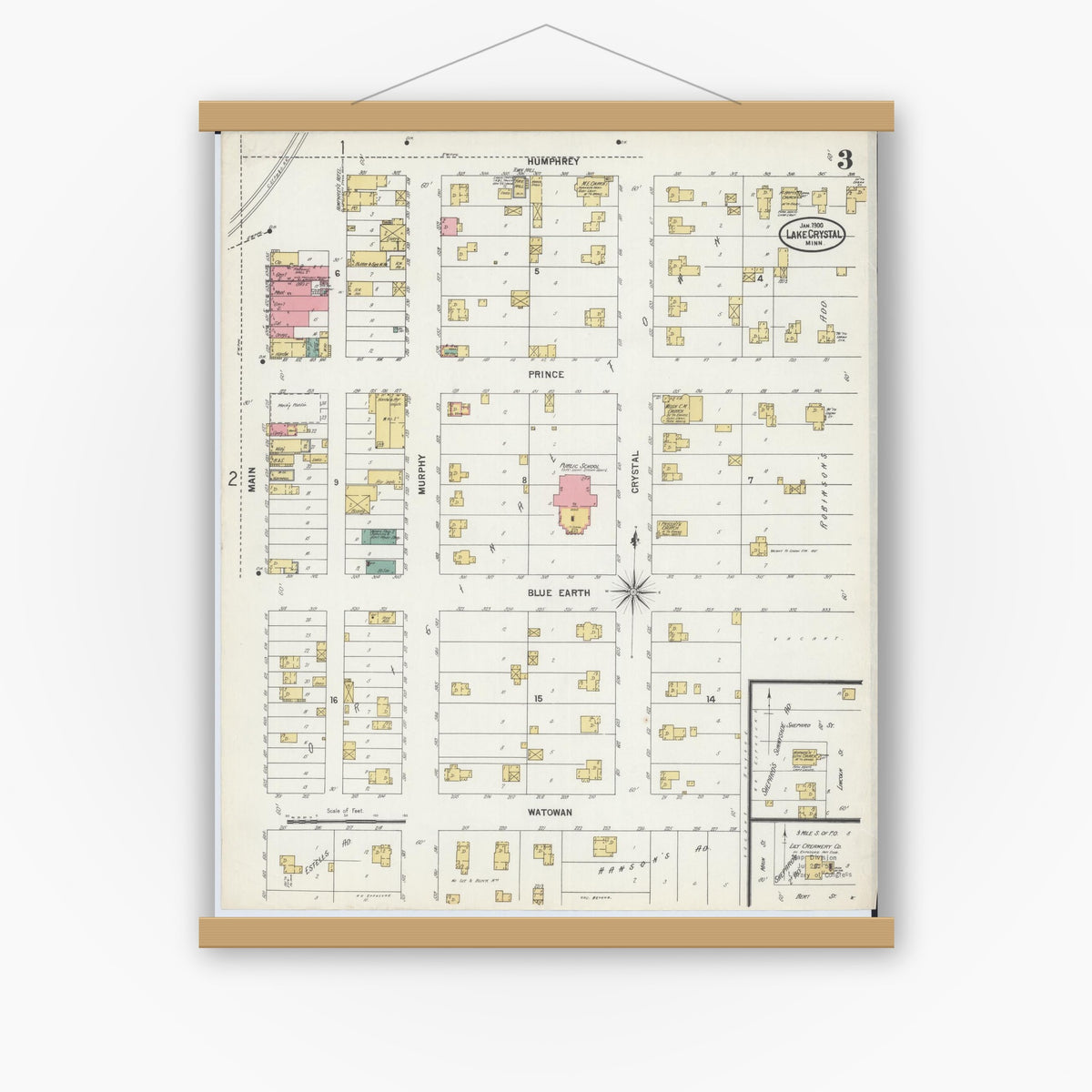 Old map wall art mockup — magnetic wood frame on white wall — Sanborn Fire Insurance Map from Lake Crystal, Blue Earth County, Minnesota (1900), Sheet #0003