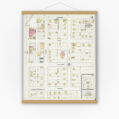 Old map wall art mockup — magnetic wood frame on white wall — Sanborn Fire Insurance Map from Lake Crystal, Blue Earth County, Minnesota (1900), Sheet #0003