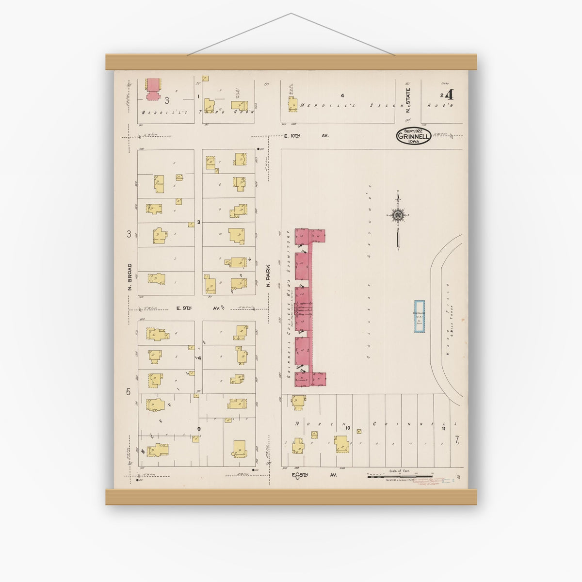 Old map wall art mockup — magnetic wood frame on white wall — Sanborn Fire Insurance Map from Grinnell, Poweshiek County, Iowa (1922), Sheet #0004