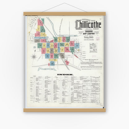 Old map wall art mockup — magnetic wood frame on white wall — Sanborn Fire Insurance Map from Chillicothe, Ross County, Ohio (1909) - Complete Map Set