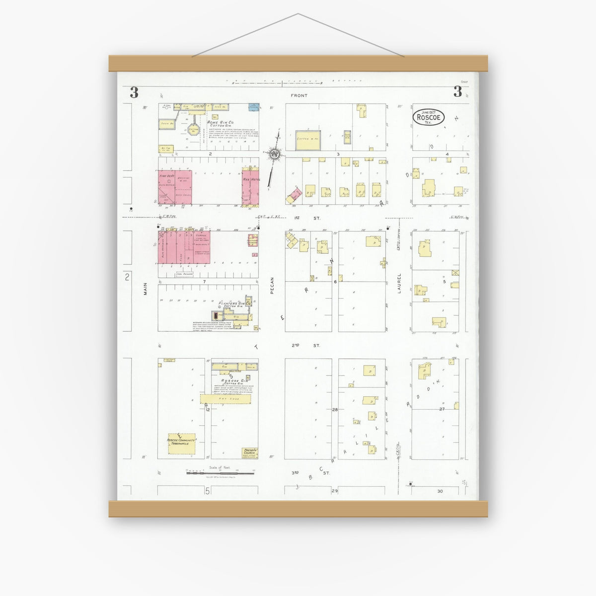 Old map wall art mockup — magnetic wood frame on white wall — Sanborn Fire Insurance Map from Roscoe, Nolan County, Texas (1927), Sheet #0003