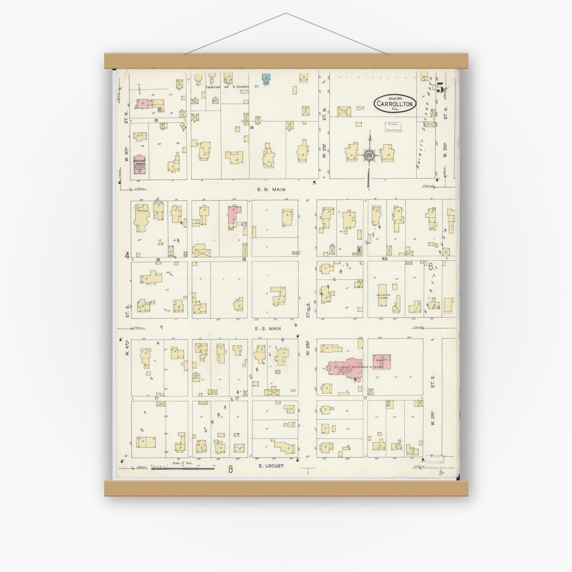 Old map wall art mockup — magnetic wood frame on white wall — Sanborn Fire Insurance Map from Carrollton, Greene County, Illinois (1914), Sheet #0005