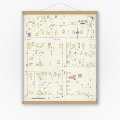 Old map wall art mockup — magnetic wood frame on white wall — Sanborn Fire Insurance Map from Carrollton, Greene County, Illinois (1914), Sheet #0005