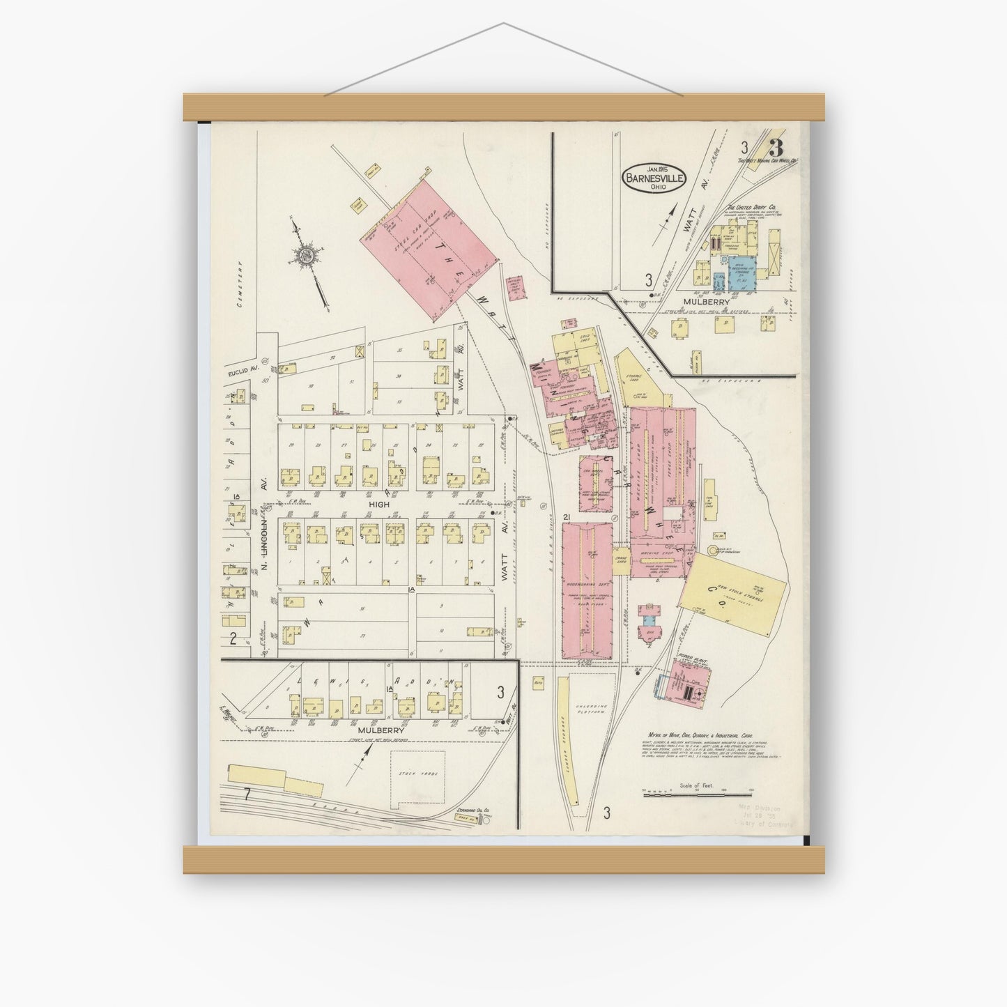 Old map wall art mockup — magnetic wood frame on white wall — Sanborn Fire Insurance Map from Barnesville, Belmont County, Ohio (1915), Sheet #0003