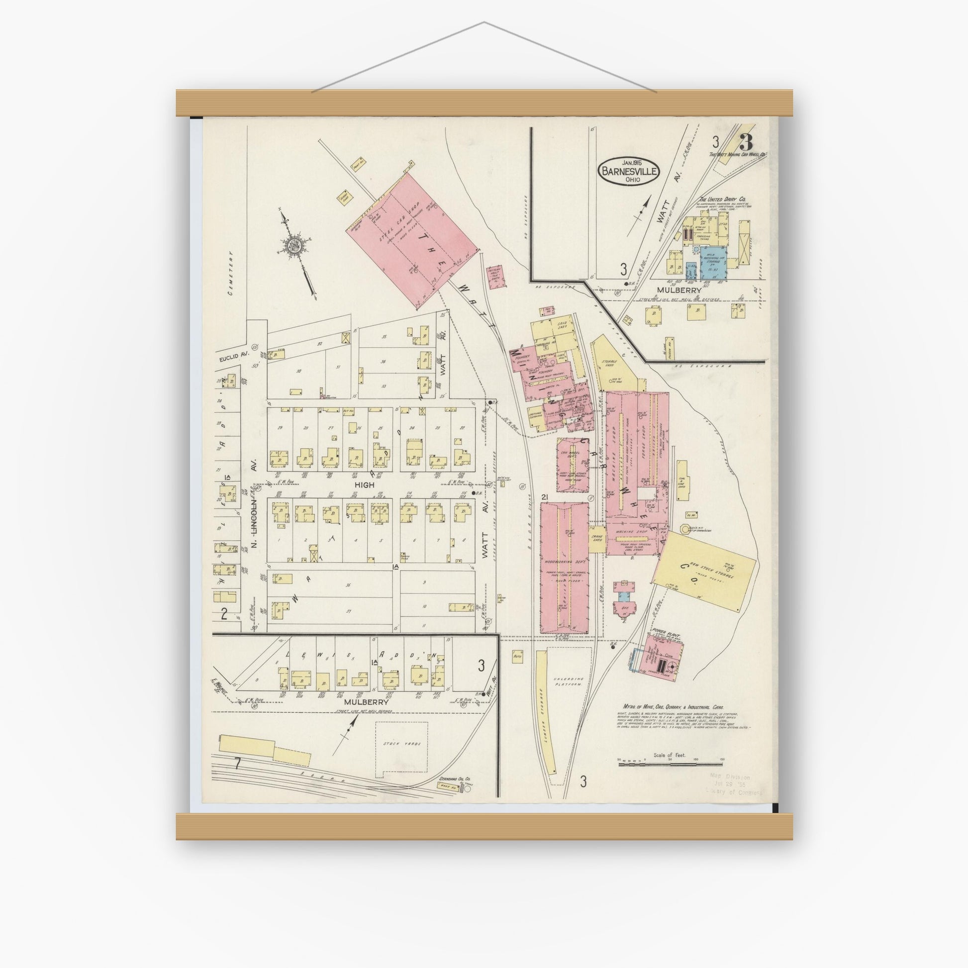 Old map wall art mockup — magnetic wood frame on white wall — Sanborn Fire Insurance Map from Barnesville, Belmont County, Ohio (1915), Sheet #0003