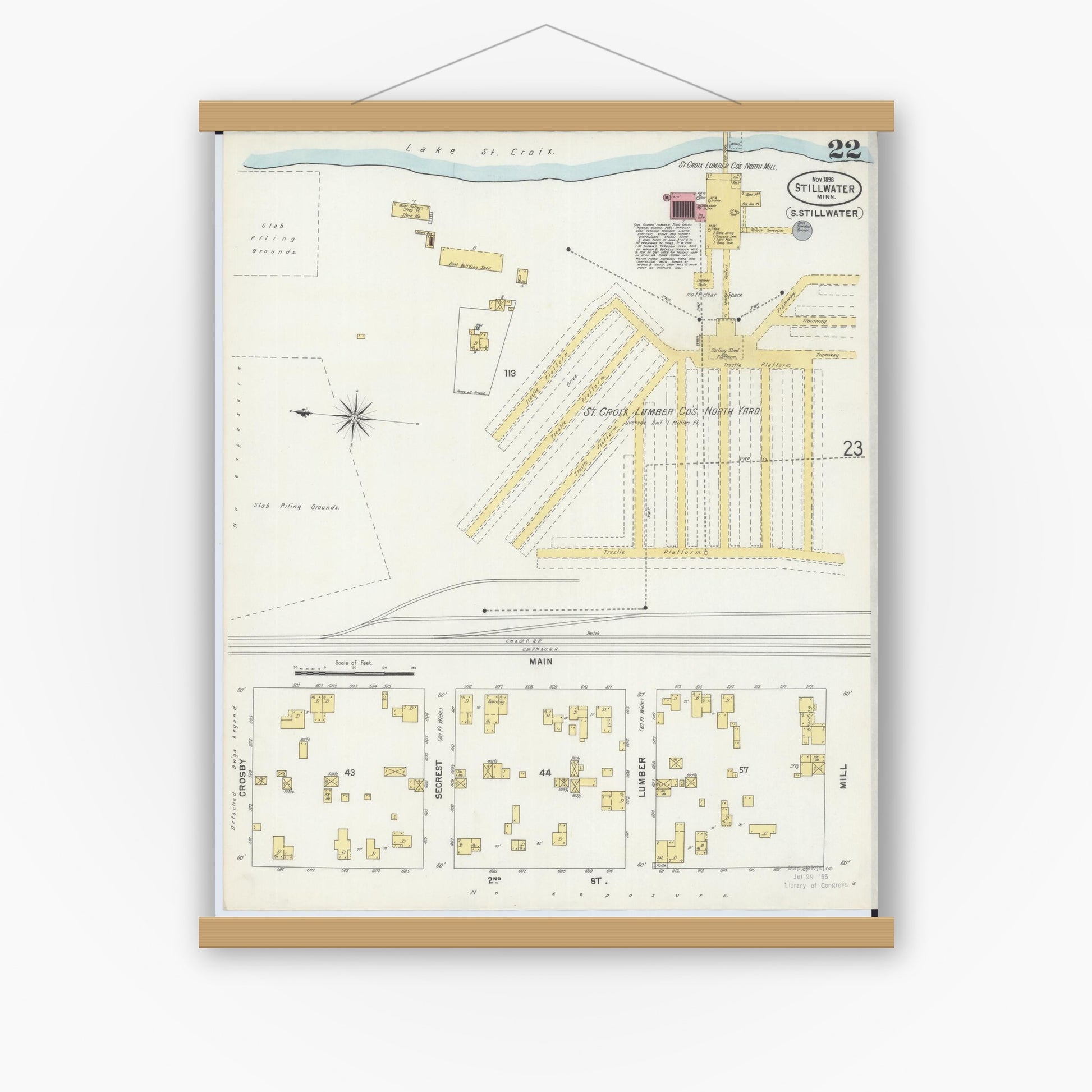 Old map wall art mockup — magnetic wood frame on white wall — Sanborn Fire Insurance Map from Stillwater, Washington County, Minnesota (1898), Sheet #0022