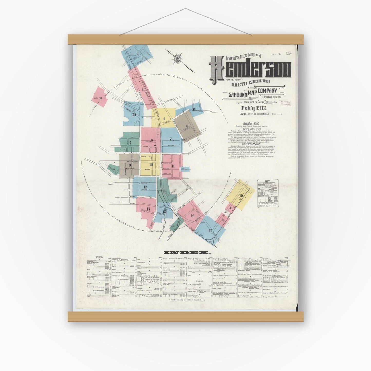 Old map wall art mockup — magnetic wood frame on white wall — Sanborn Fire Insurance Map from Henderson, Vance County, North Carolina (1912) - Complete Map Set