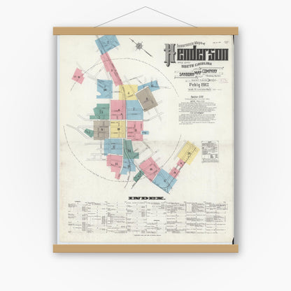 Old map wall art mockup — magnetic wood frame on white wall — Sanborn Fire Insurance Map from Henderson, Vance County, North Carolina (1912) - Complete Map Set