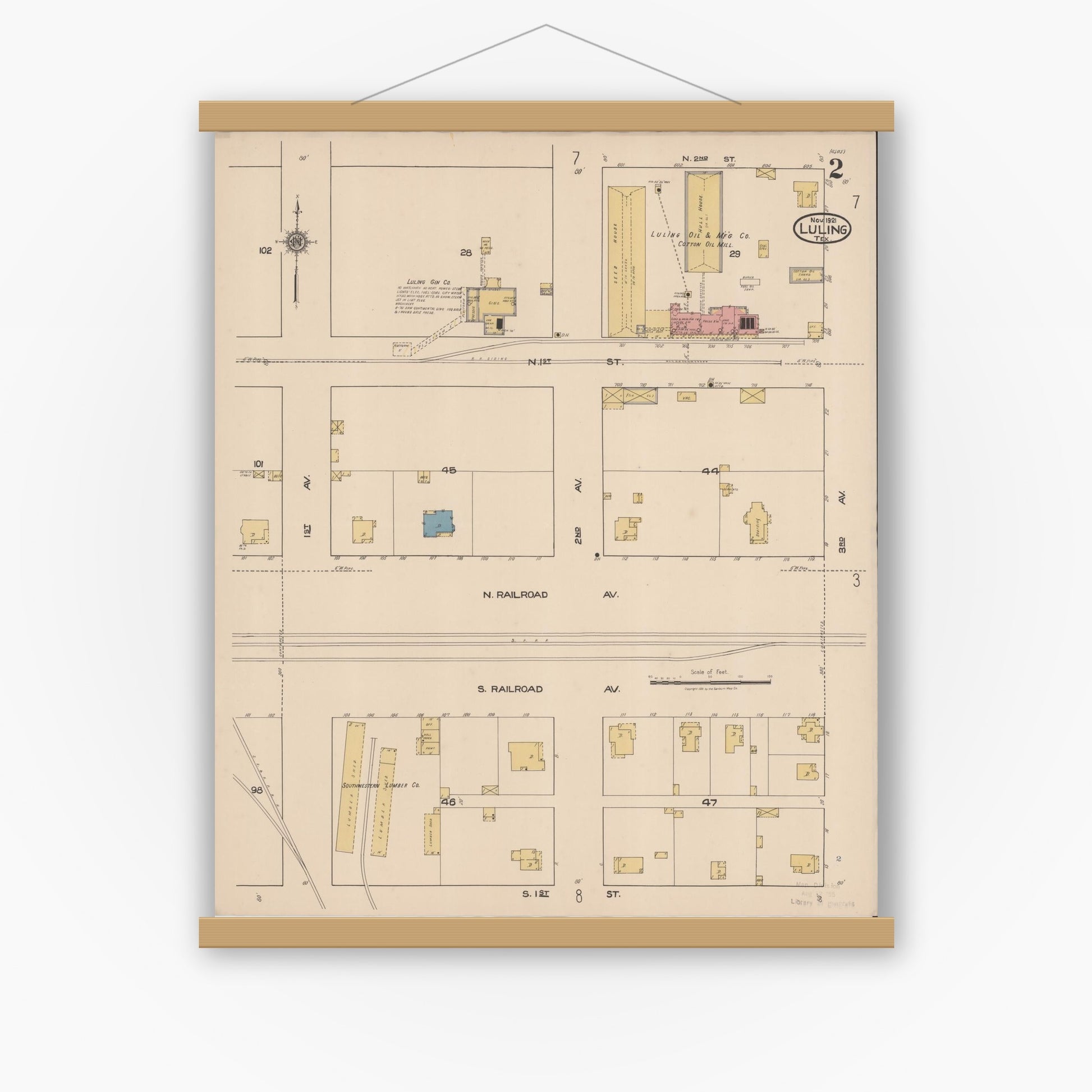 Old map wall art mockup — magnetic wood frame on white wall — Sanborn Fire Insurance Map from Luling, Caldwell County, Texas (1921), Sheet #0002