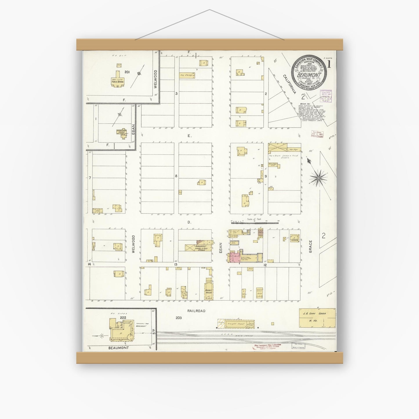 Old map wall art mockup — magnetic wood frame on white wall — Sanborn Fire Insurance Map from Beaumont, Riverside County, California (1907), Sheet #0001