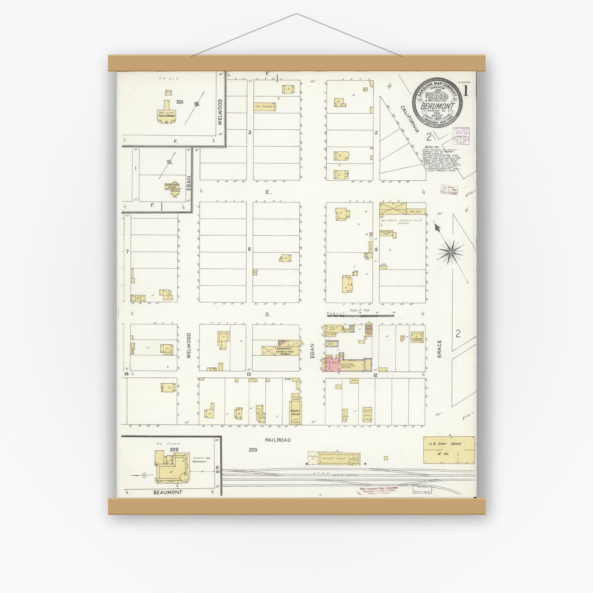 Old map wall art mockup — magnetic wood frame on white wall — Sanborn Fire Insurance Map from Beaumont, Riverside County, California (1907), Sheet #0001