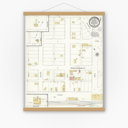 Old map wall art mockup — magnetic wood frame on white wall — Sanborn Fire Insurance Map from Beaumont, Riverside County, California (1907), Sheet #0001