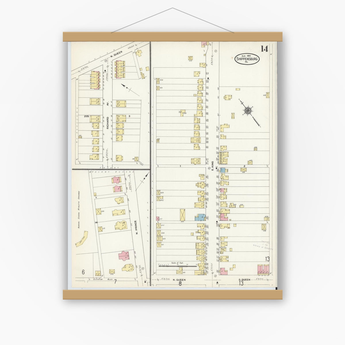 Old map wall art mockup — magnetic wood frame on white wall — Sanborn Fire Insurance Map from Shippensburg, Cumberland And Franklin Counties, Pennsylvania (1910), Sheet #0014