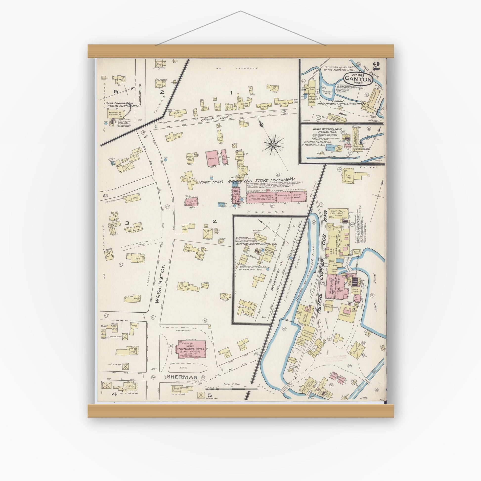 Old map wall art mockup — magnetic wood frame on white wall — Sanborn Fire Insurance Map from Canton, Norfolk County, Massachusetts (1885), Sheet #0002