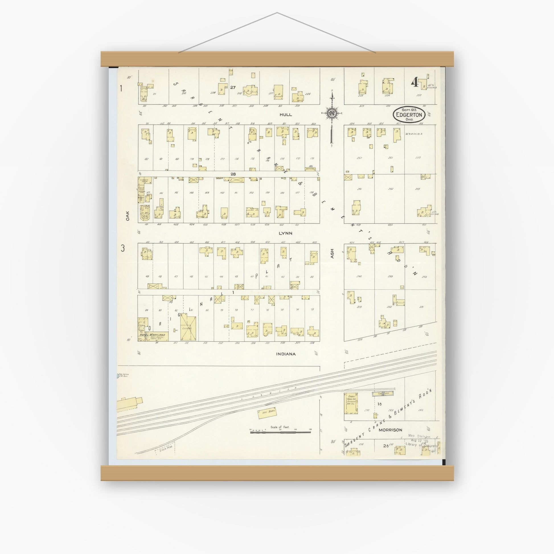 Old map wall art mockup — magnetic wood frame on white wall — Sanborn Fire Insurance Map from Edgerton, Williams County, Ohio (1913), Sheet #0004