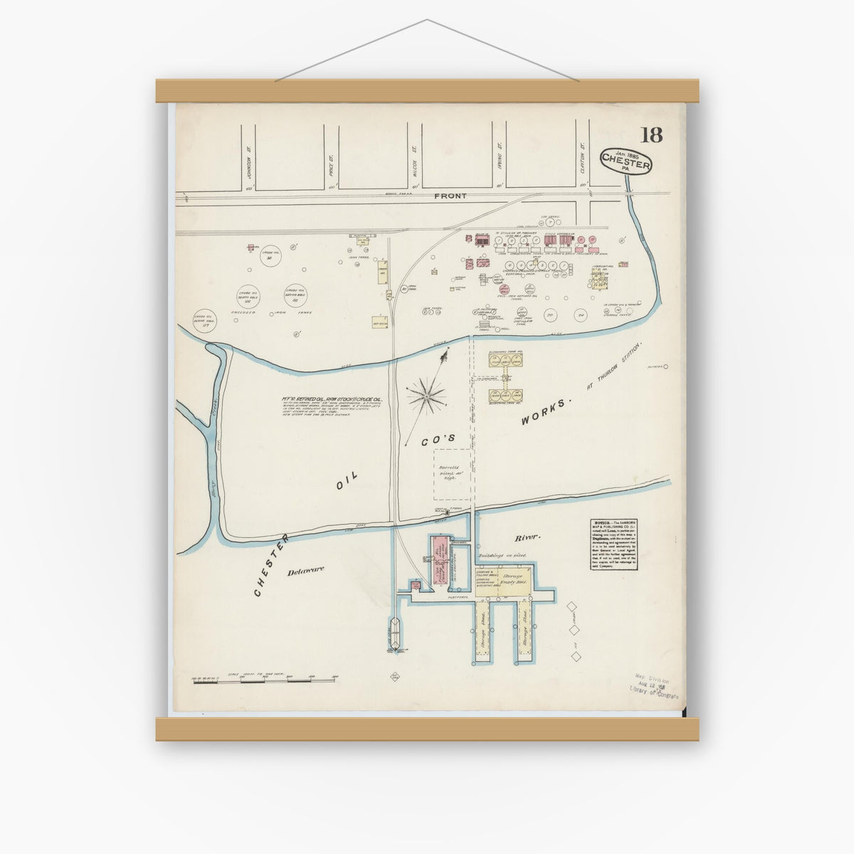 Old map wall art mockup — magnetic wood frame on white wall — Sanborn Fire Insurance Map from Chester, Delaware County, Pennsylvania (1885), Sheet #0018